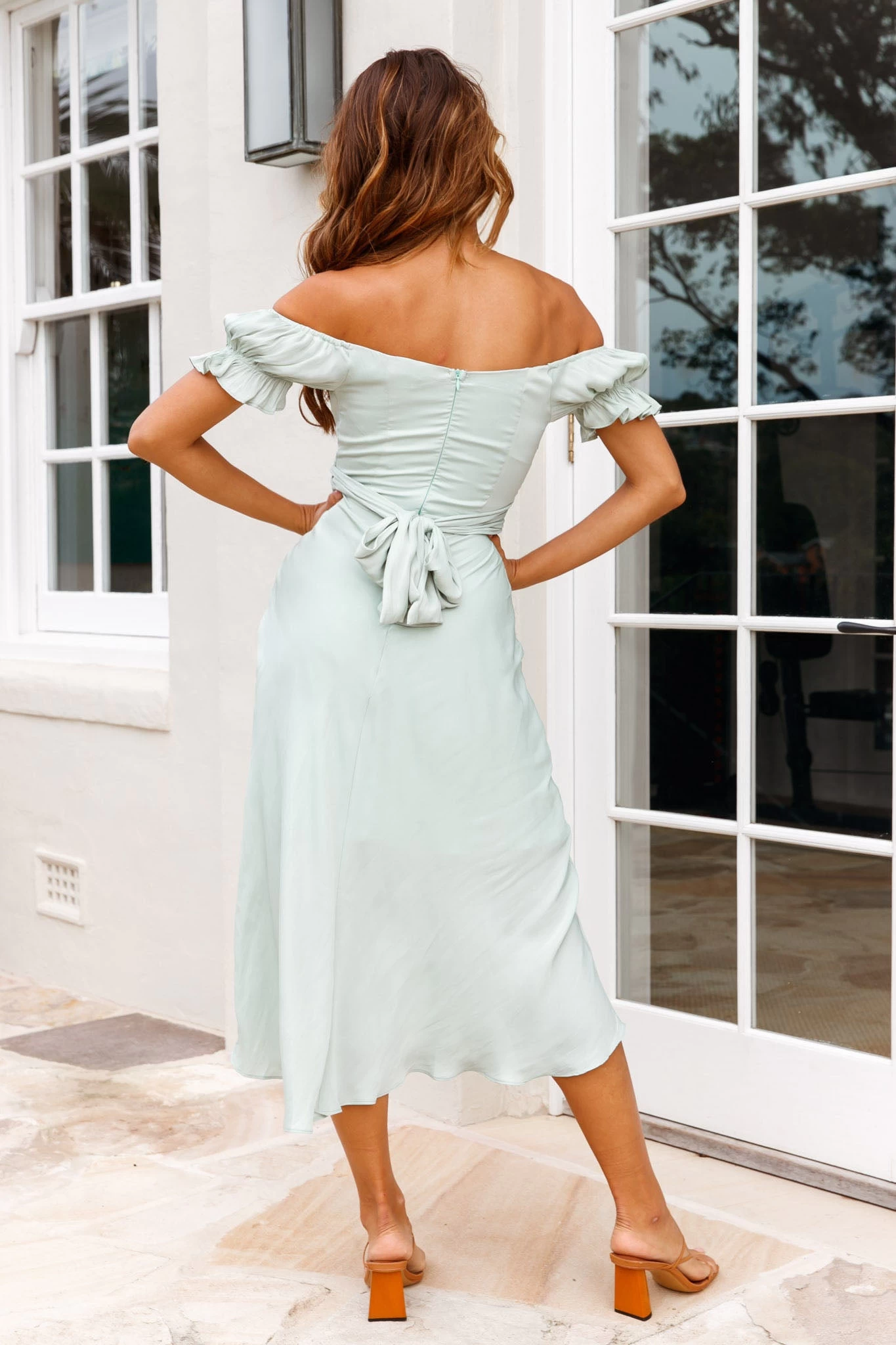 Linka Off-Shoulder Tie Back Midi Dress Pistachio - Image 2