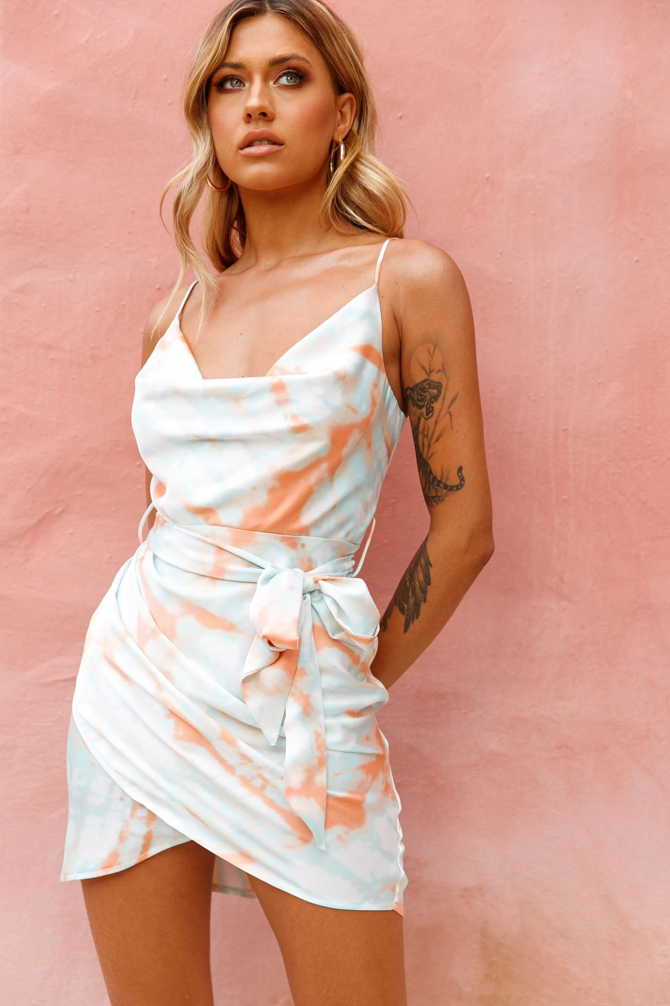 Bebe Satin Cowl Neck Wrap Dress Tie-Dye Orange - Image 5