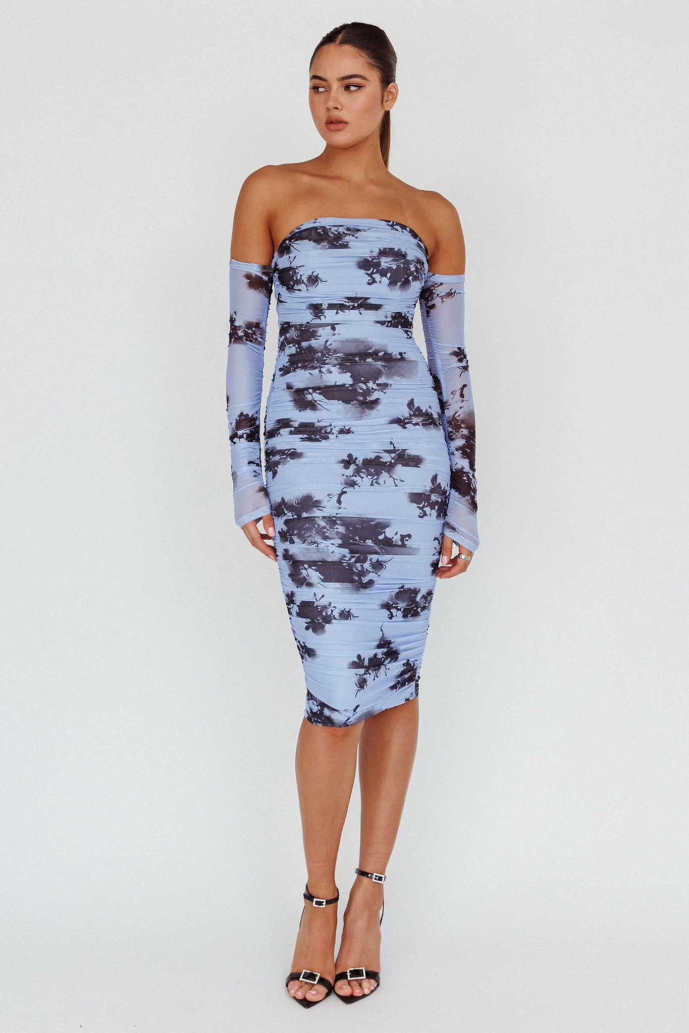 Cece Off-Shoulder Midi Dress Floral Blue