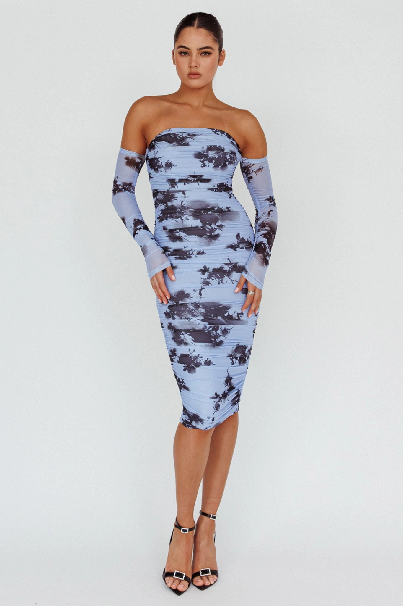 Cece Off-Shoulder Midi Dress Floral Blue - Image 3
