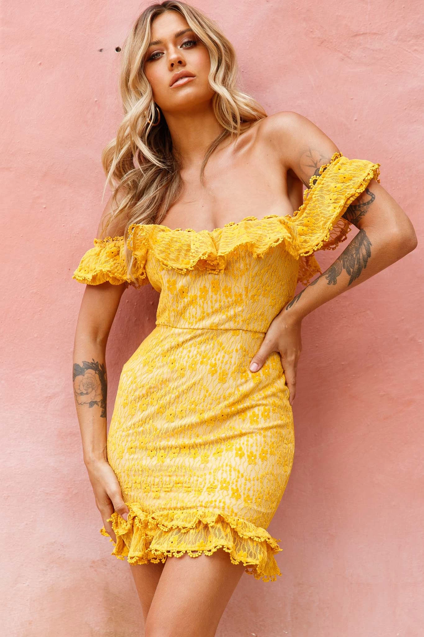 Bobby Bardot Neckline Floral Lace Overlay Dress Mustard - Image 5