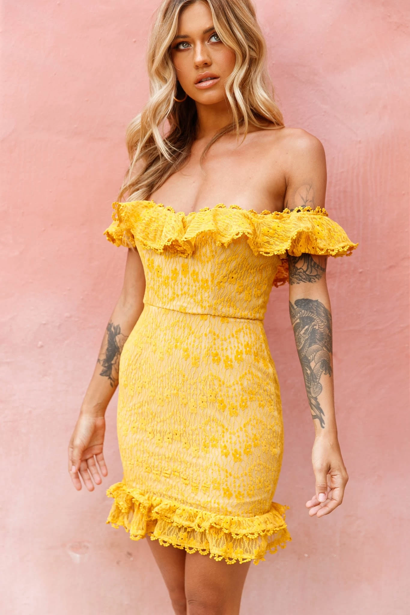 Bobby Bardot Neckline Floral Lace Overlay Dress Mustard - Image 6
