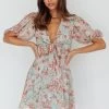 Madison Bow Tie Bust Puff Sleeve Dress Floral Mint