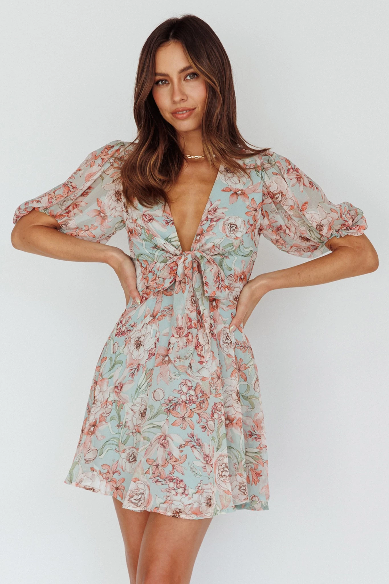 Madison Bow Tie Bust Puff Sleeve Dress Floral Mint