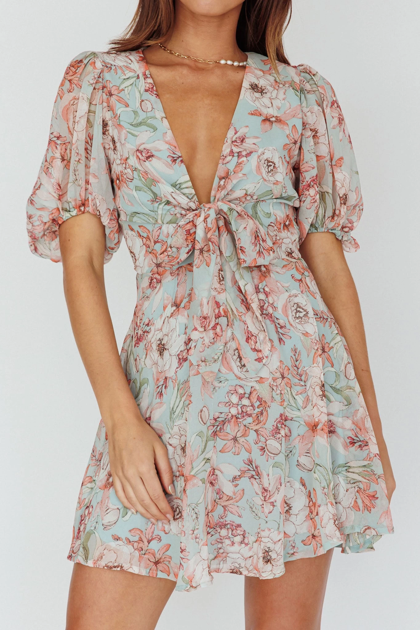Madison Bow Tie Bust Puff Sleeve Dress Floral Mint - Image 4