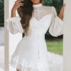 Lark High Neck Balloon Sleeve Dress White