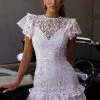 Lark Crew Neck Ruffle Sleeve Dress Lace Overlay Pink