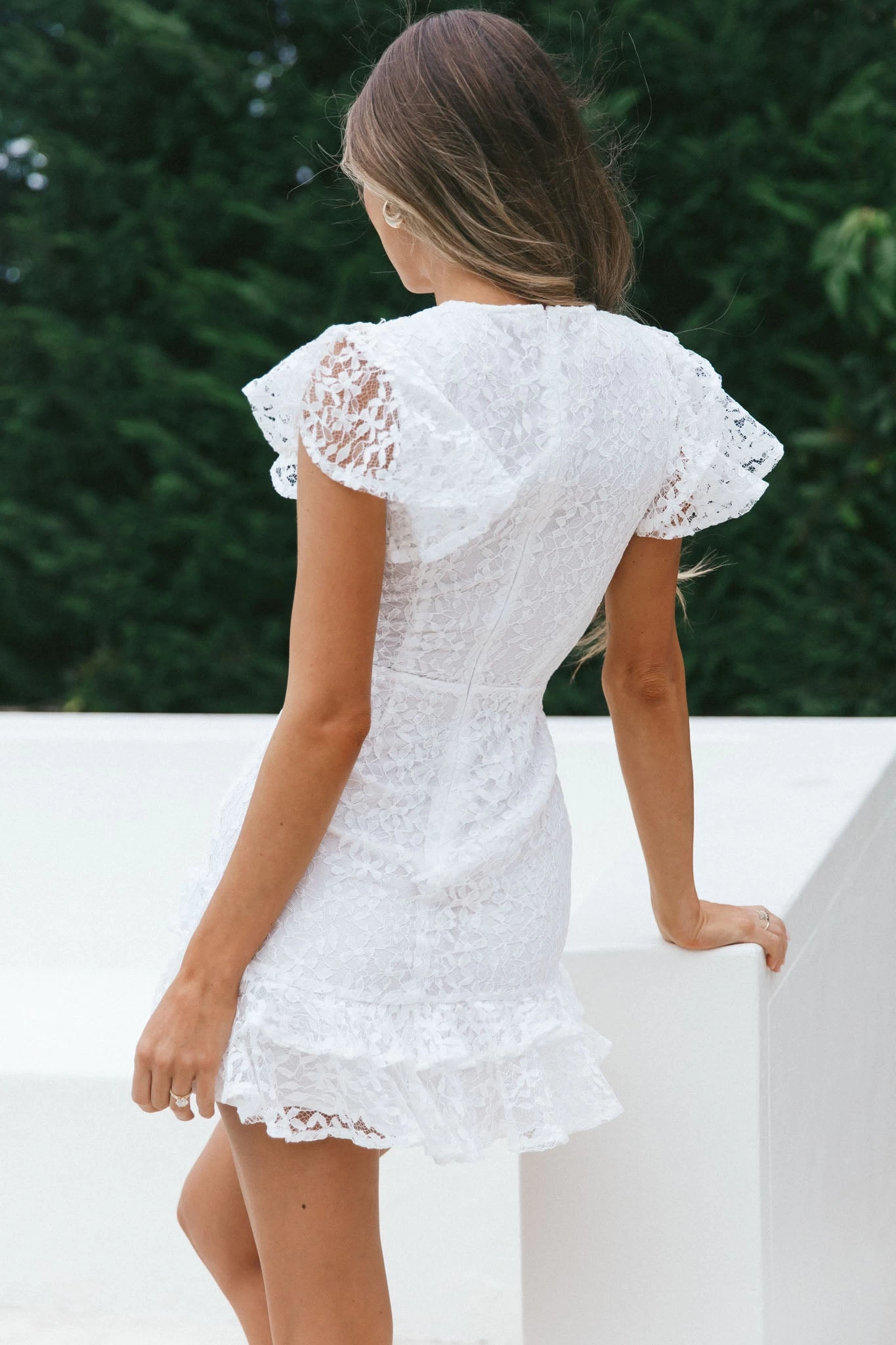 Lark Crew Neck Ruffle Sleeve Dress Lace Overlay White - Image 2