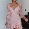 Hali Long Sleeve Surplice Neckline Lace Dress Blush