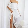 Signet Off-Shoulder Embroidered Mesh Overlay Maxi Dress White