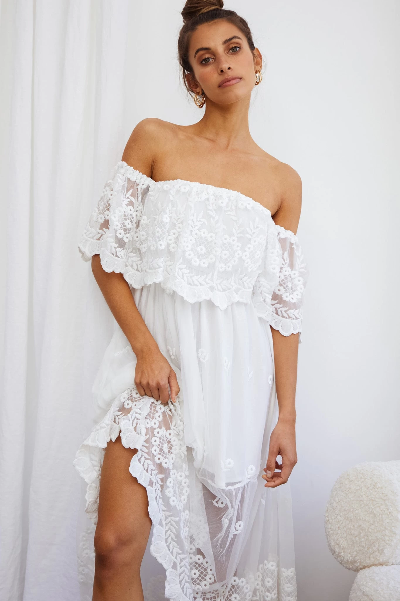 Signet Off-Shoulder Embroidered Mesh Overlay Maxi Dress White - Image 3