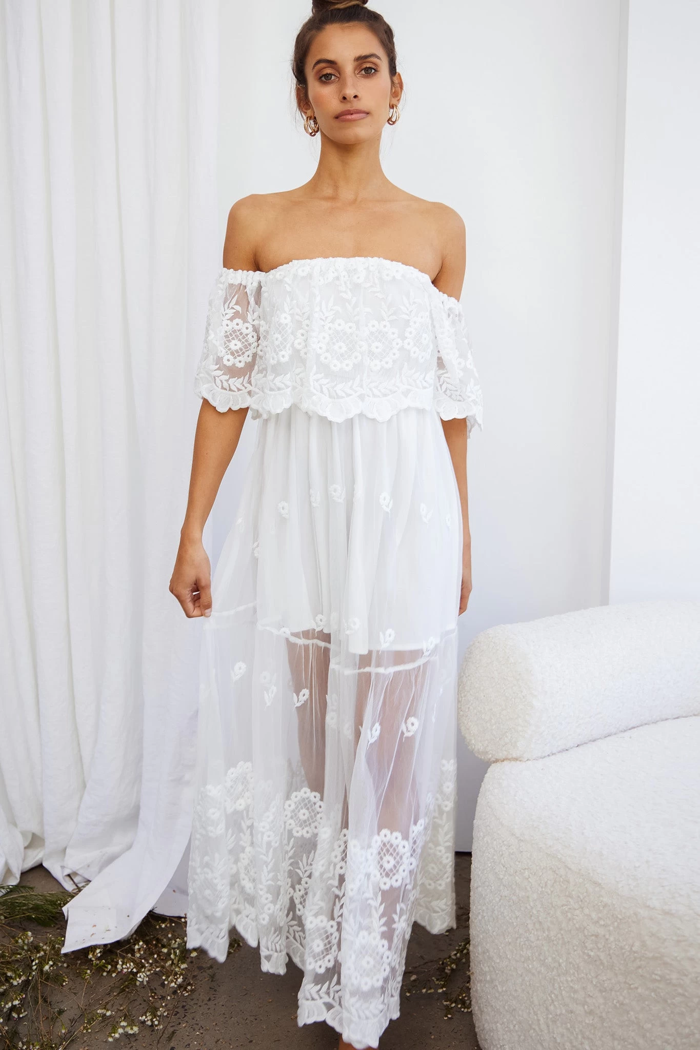 Signet Off-Shoulder Embroidered Mesh Overlay Maxi Dress White - Image 5