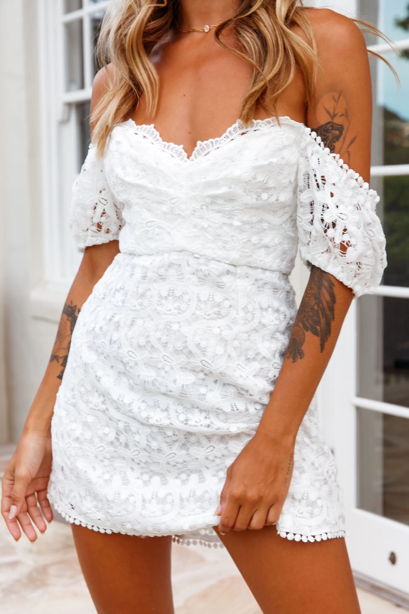 Costa Mesa Puff Sleeve Lace Overlay Dress White - Image 4