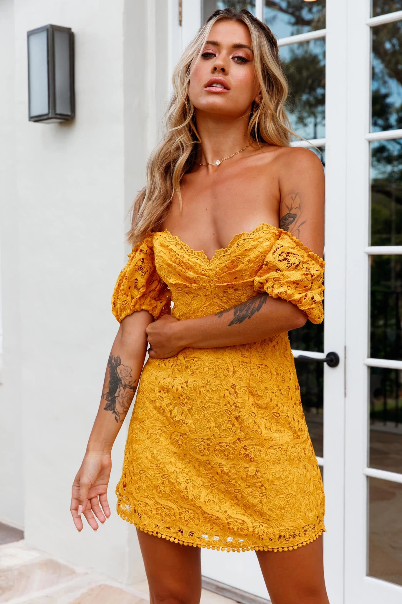 Costa Mesa Puff Sleeve Lace Overlay Dress Yellow - Image 3
