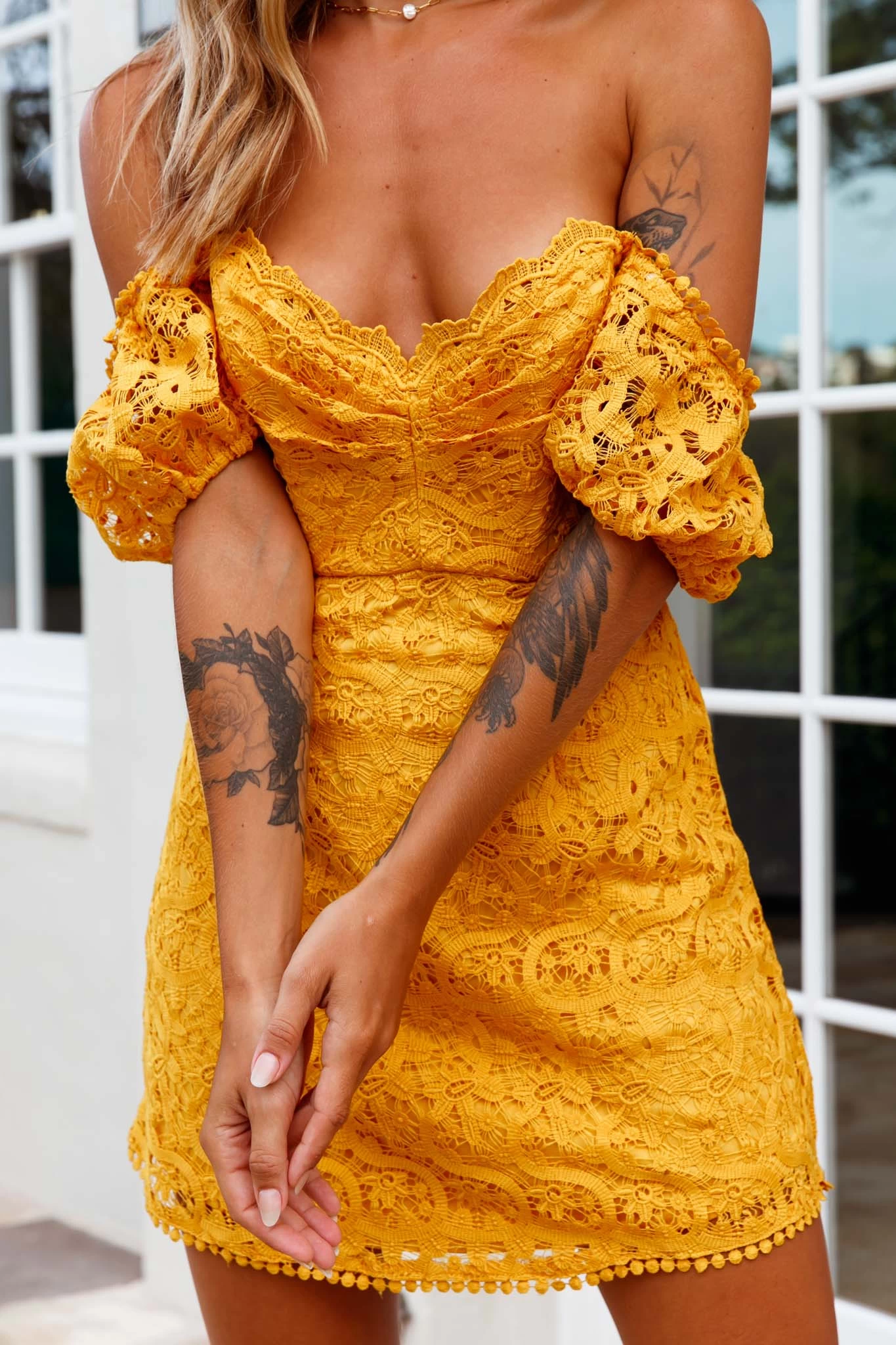 Costa Mesa Puff Sleeve Lace Overlay Dress Yellow - Image 4