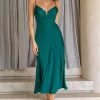 Lake Como Fitted Bodice Cami Strap Midi Dress Forest Green