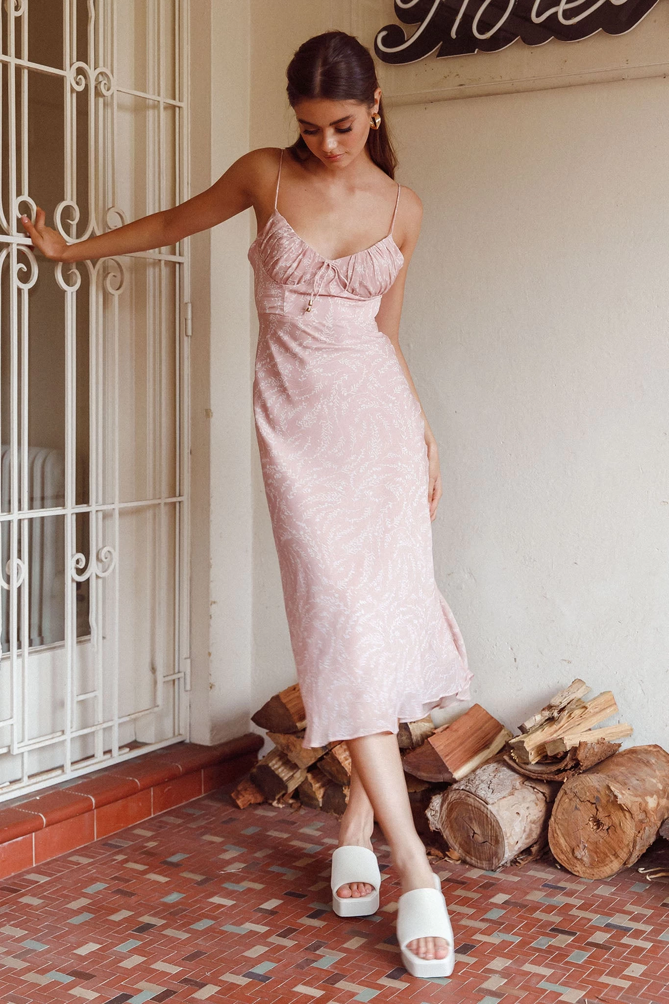 Malibu Gathered Bust Cami Strap Midi Dress Spring Pink - Image 3