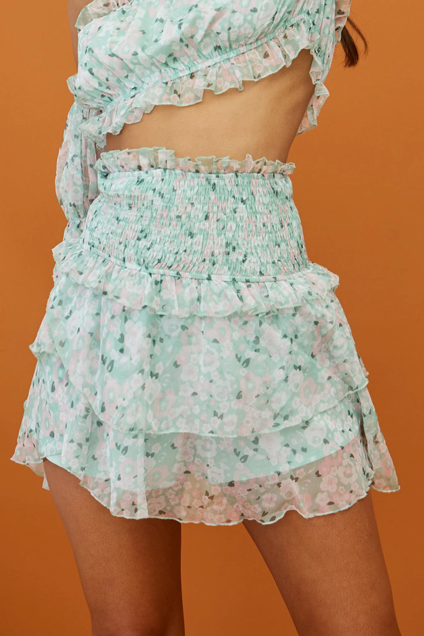 Hearts Beat Shirred Waist Layered Skirt Floral Print Mint - Image 4