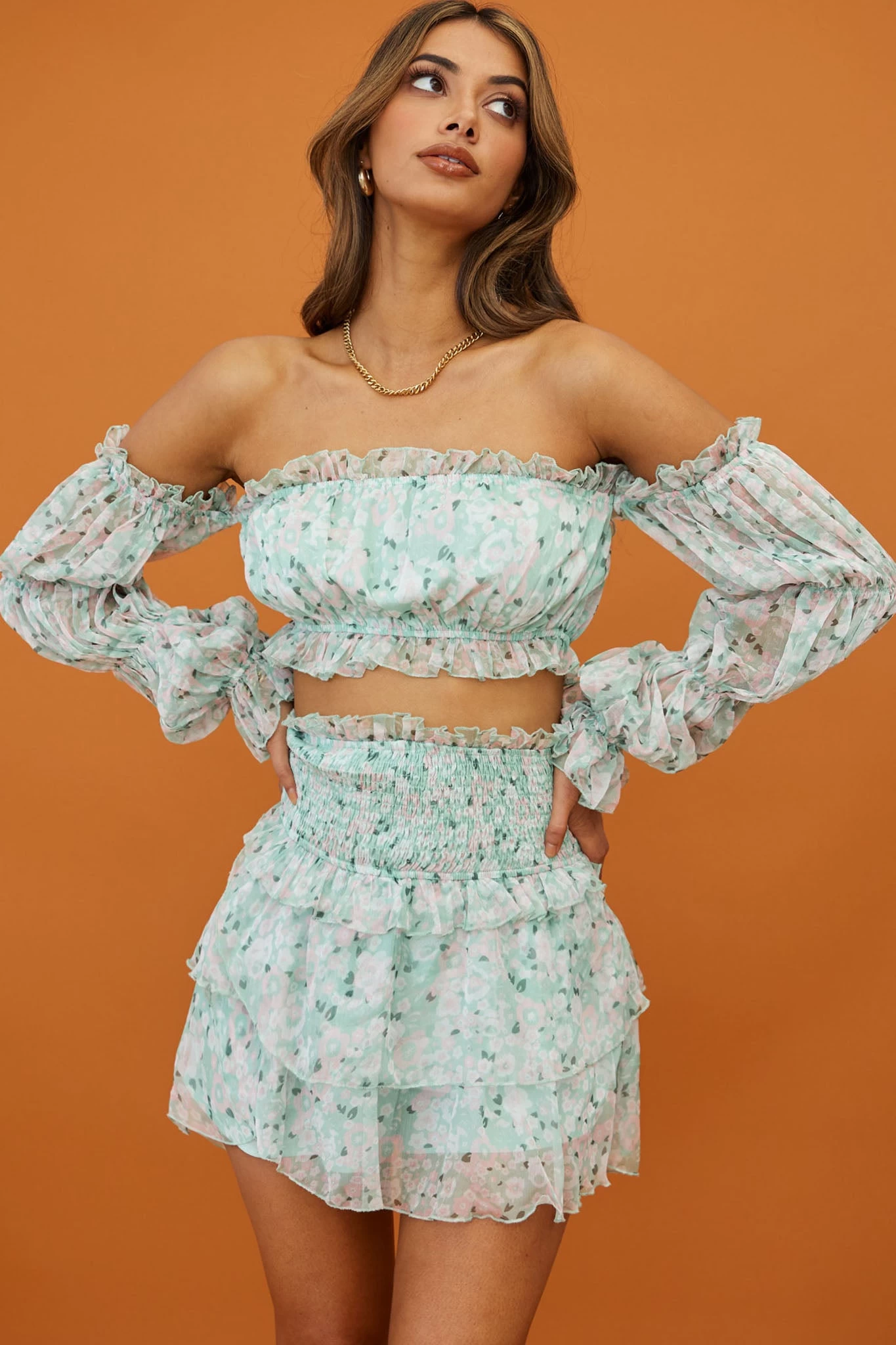 Hearts Beat Shirred Waist Layered Skirt Floral Print Mint - Image 5