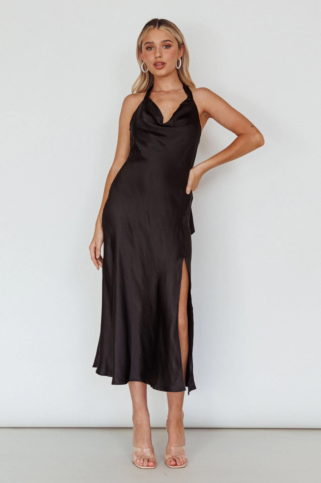 Champagne Showers Halterneck Slip Midi Dress Black - Image 3