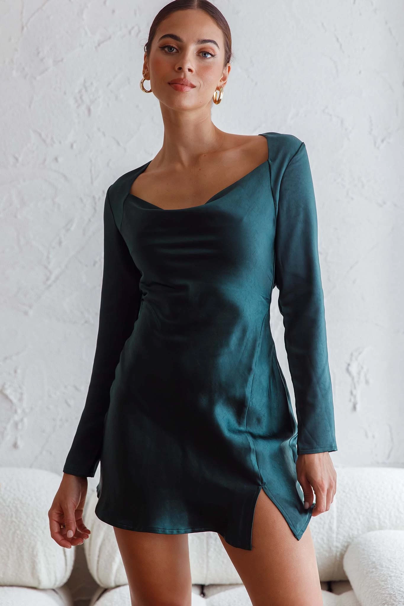 Champs Elysees Long Sleeve Open Back Mini Dress Forest Green - Image 4