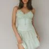 St Tropez Cami Strap Frill Trim Lace Mini Dress Sage