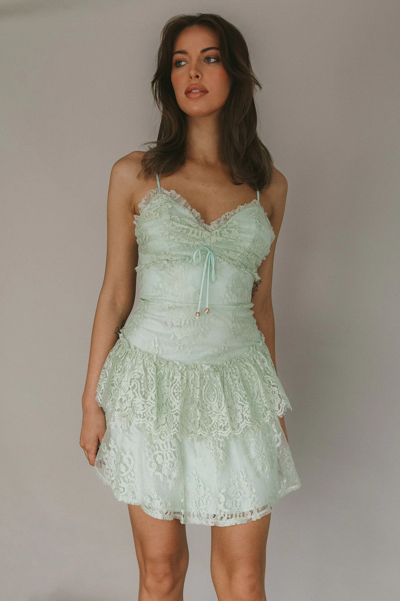 St Tropez Cami Strap Frill Trim Lace Mini Dress Sage - Image 4