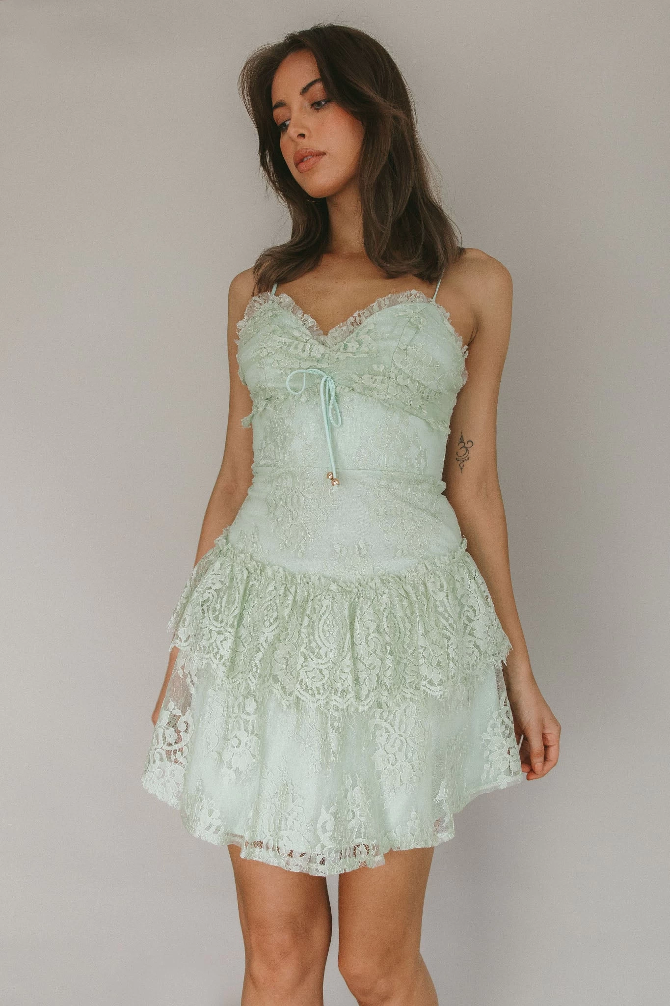 St Tropez Cami Strap Frill Trim Lace Mini Dress Sage - Image 7
