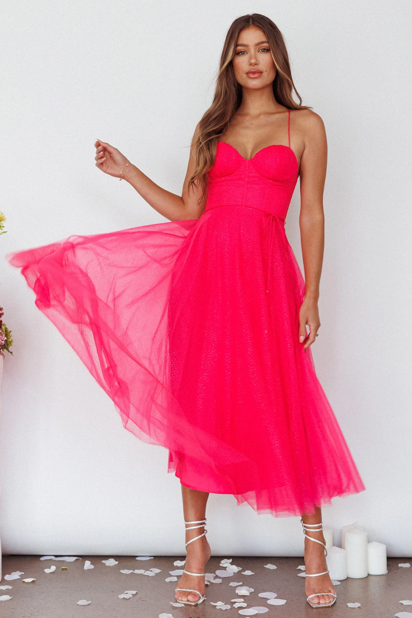 Smitten Sweetheart Neckline Chiffon Midi Dress Fuchsia - Image 4
