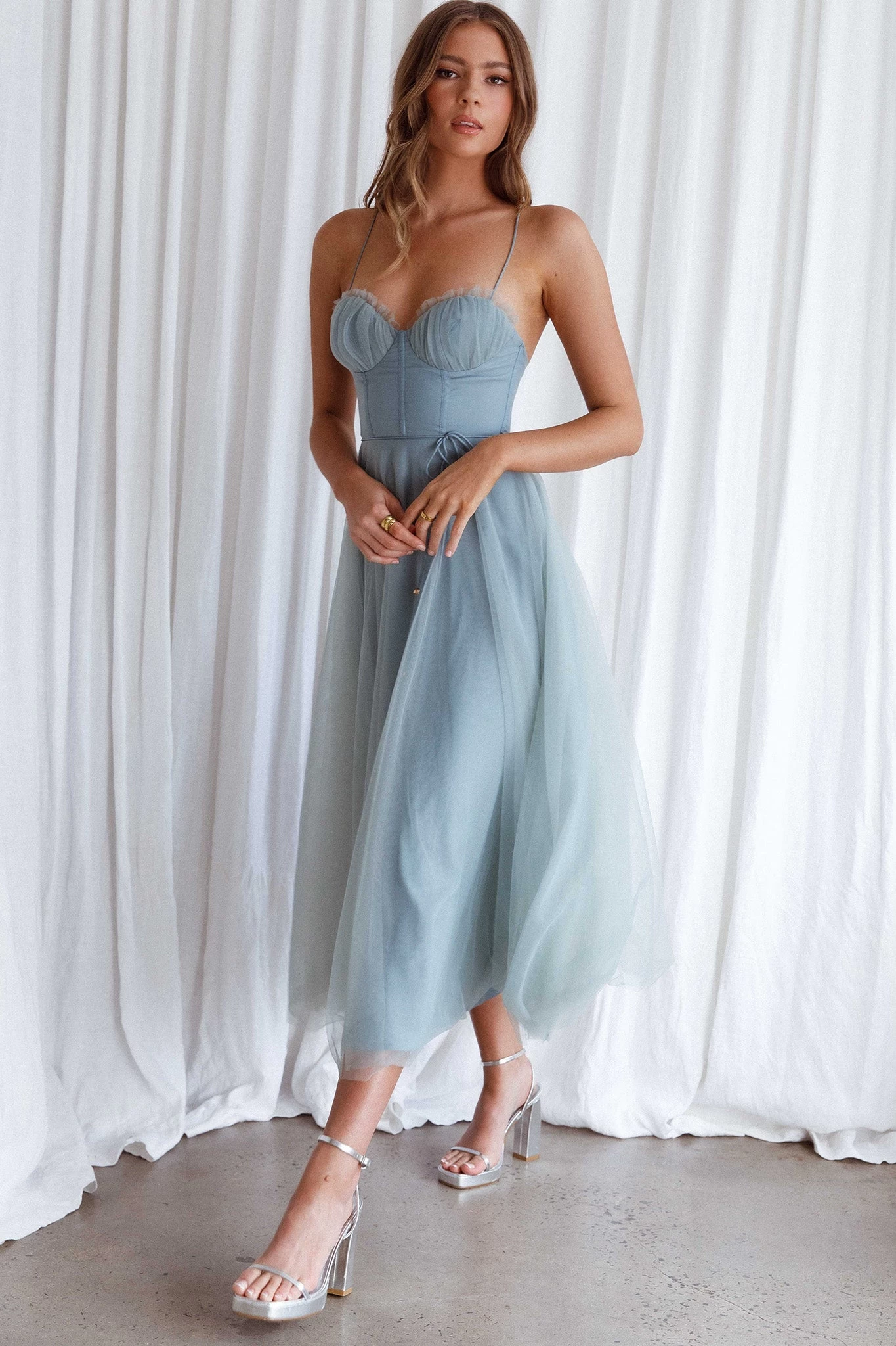Smitten Sweetheart Neckline Chiffon Midi Dress Sage - Image 2