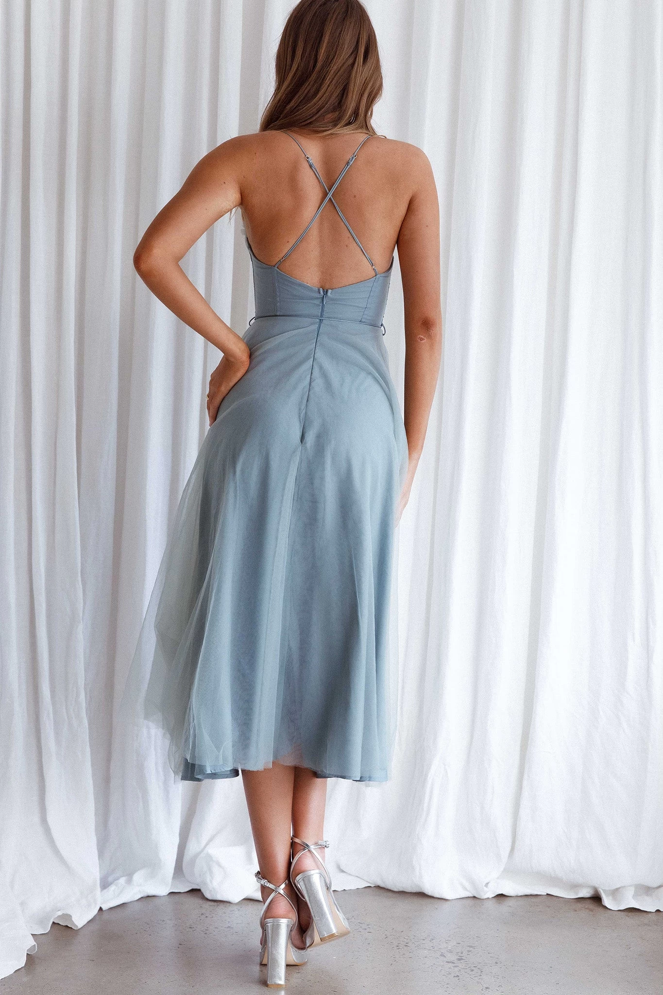 Smitten Sweetheart Neckline Chiffon Midi Dress Sage - Image 7