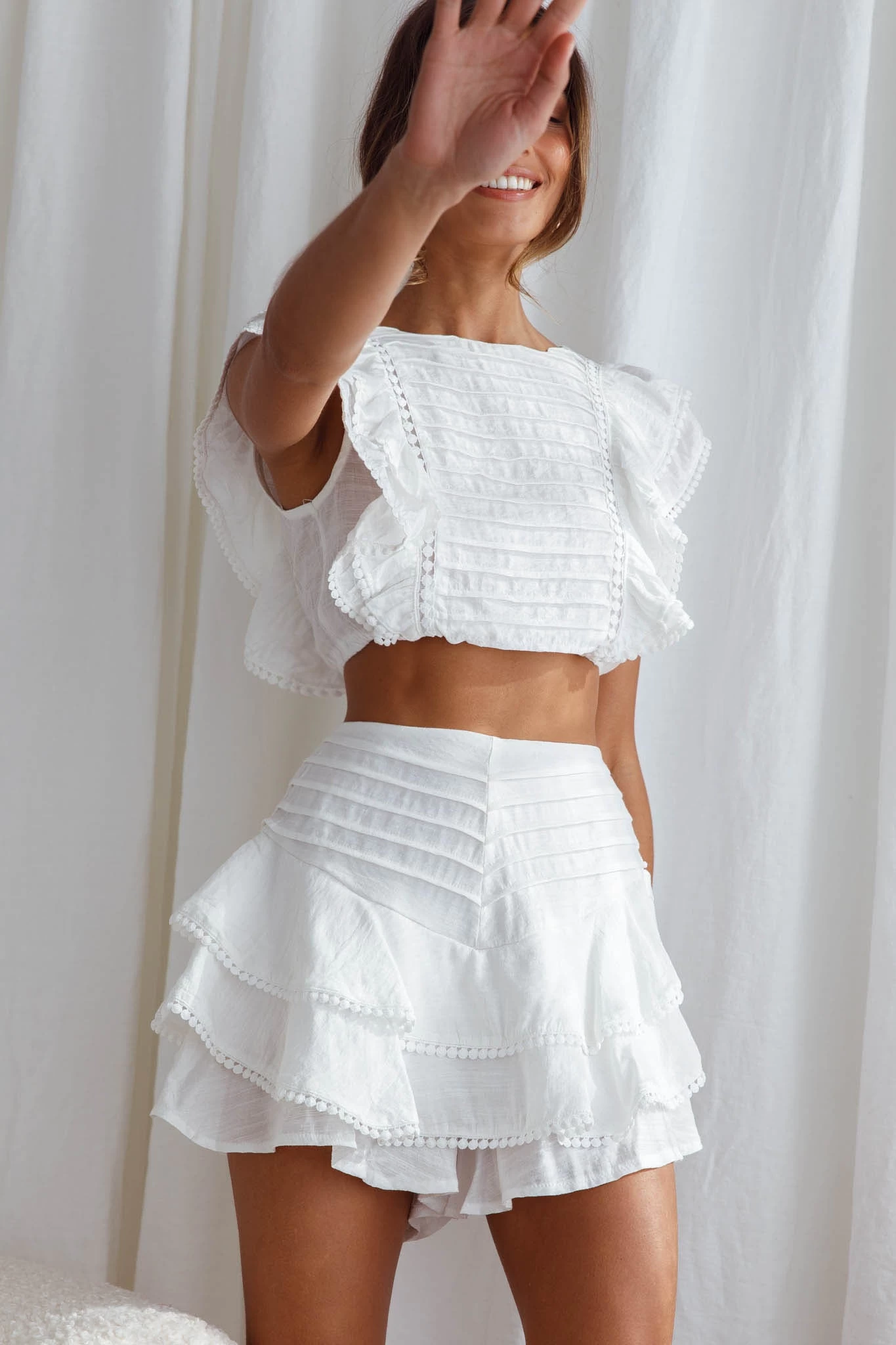 Wild And Free Pintuck Pleat And Layered Ruffle Shorts White - Image 6