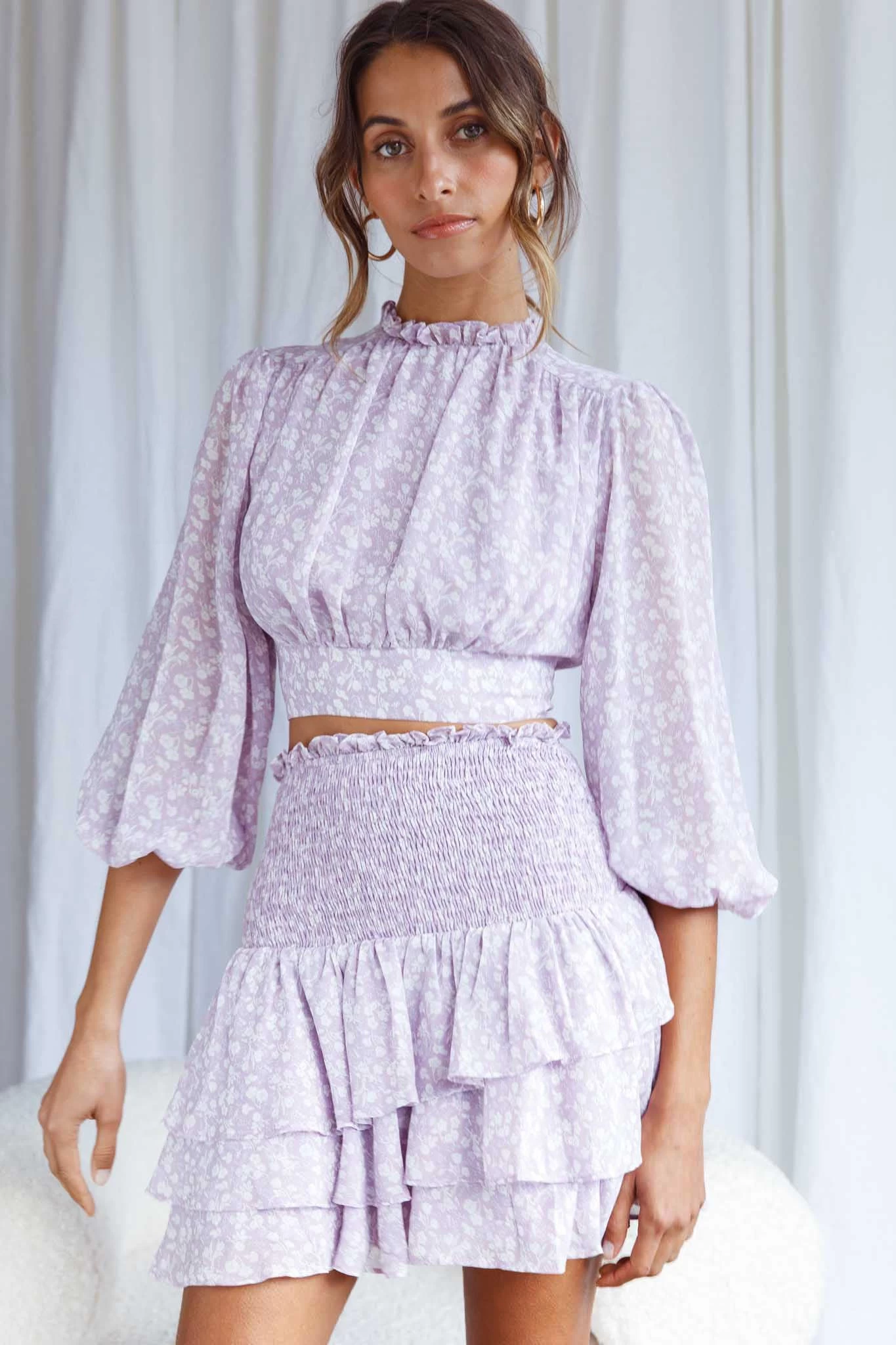 Whisked Away Shirred Waist Layered Mini Skirt Floral Print Lilac - Image 3