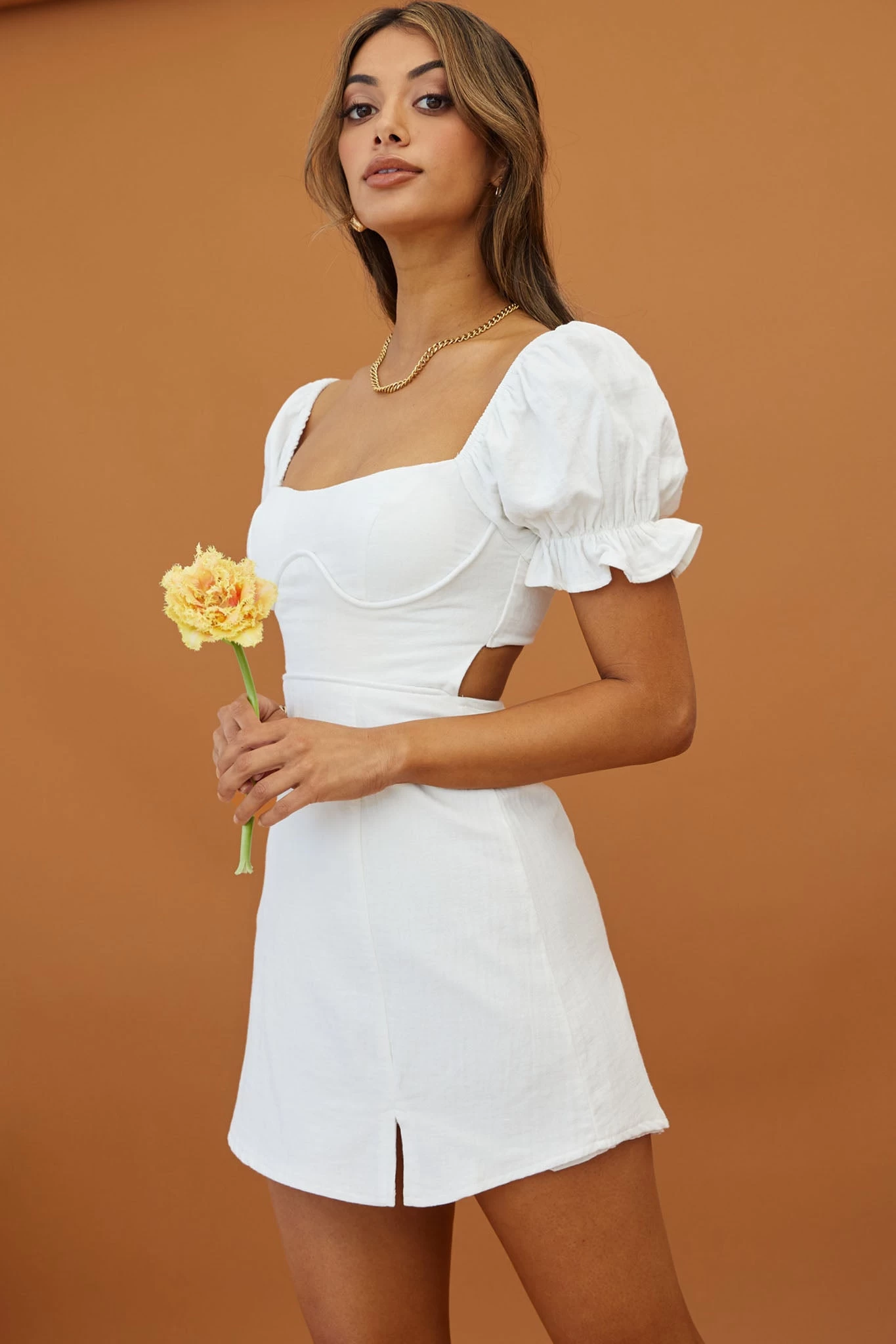 Norma Jean Puff Sleeve Piping Trim Mini Dress White - Image 4