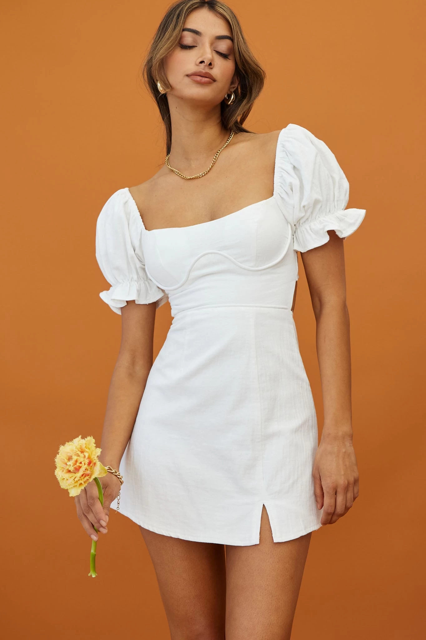 Norma Jean Puff Sleeve Piping Trim Mini Dress White - Image 5