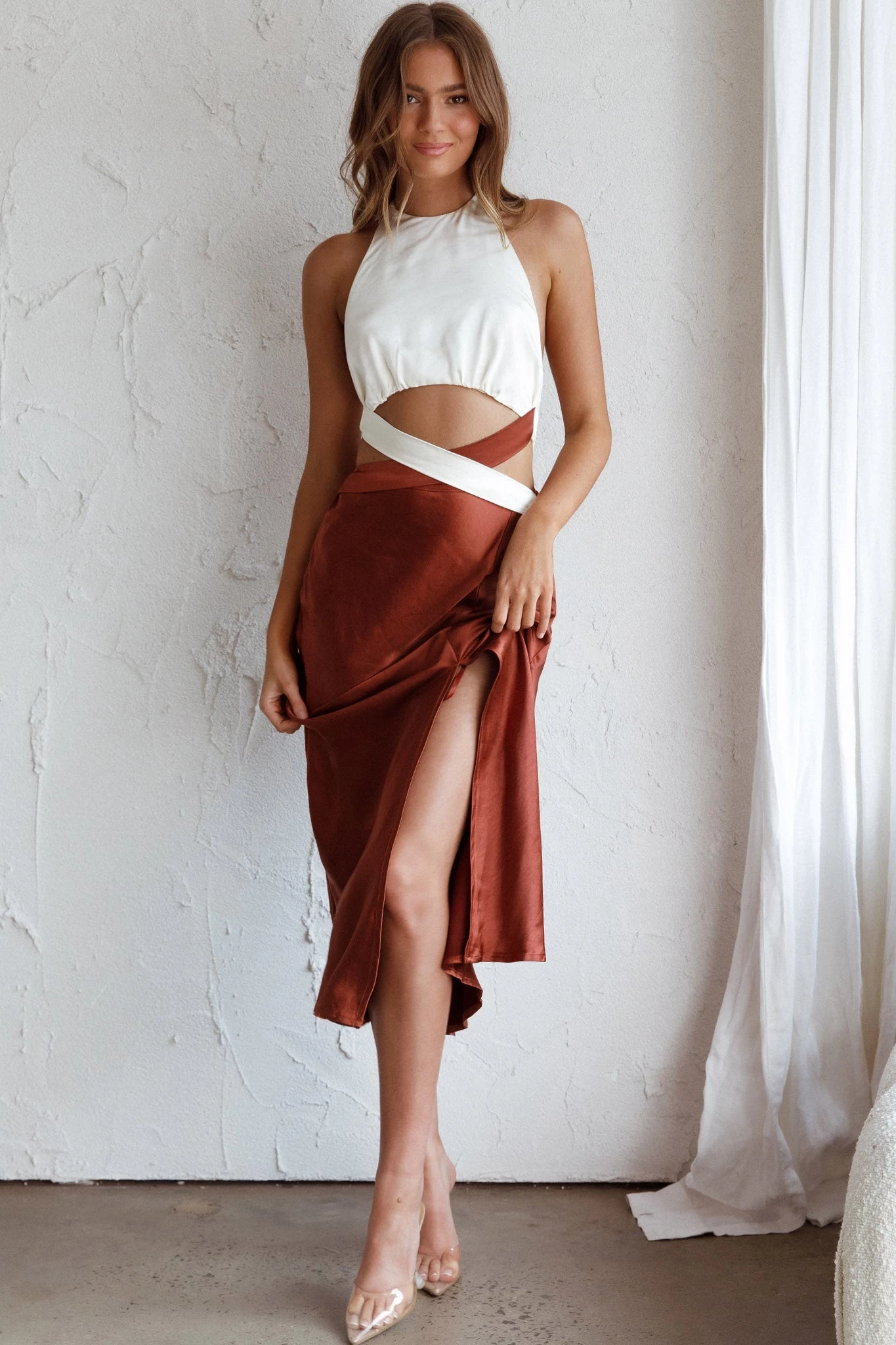 Social Butterfly Cut-Out Waist Midi Dress White Brown - Image 6