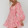 Amilie Shirred Long Sleeve Dress Floral Pink