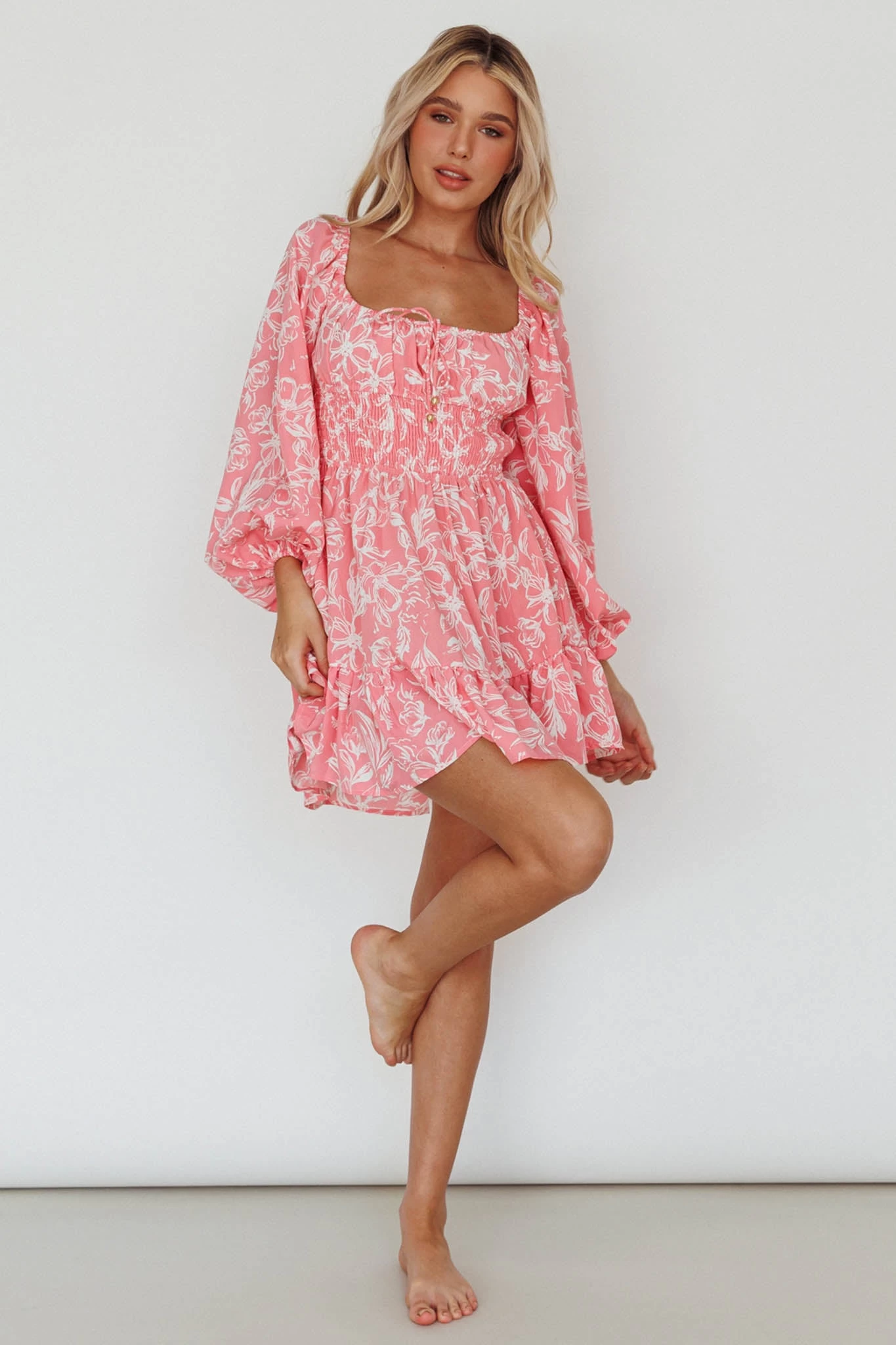 Amilie Shirred Long Sleeve Dress Floral Pink - Image 3