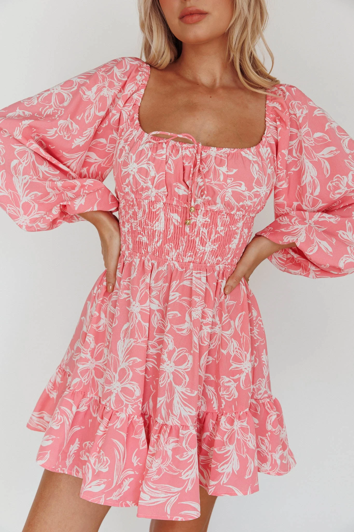 Amilie Shirred Long Sleeve Dress Floral Pink - Image 4