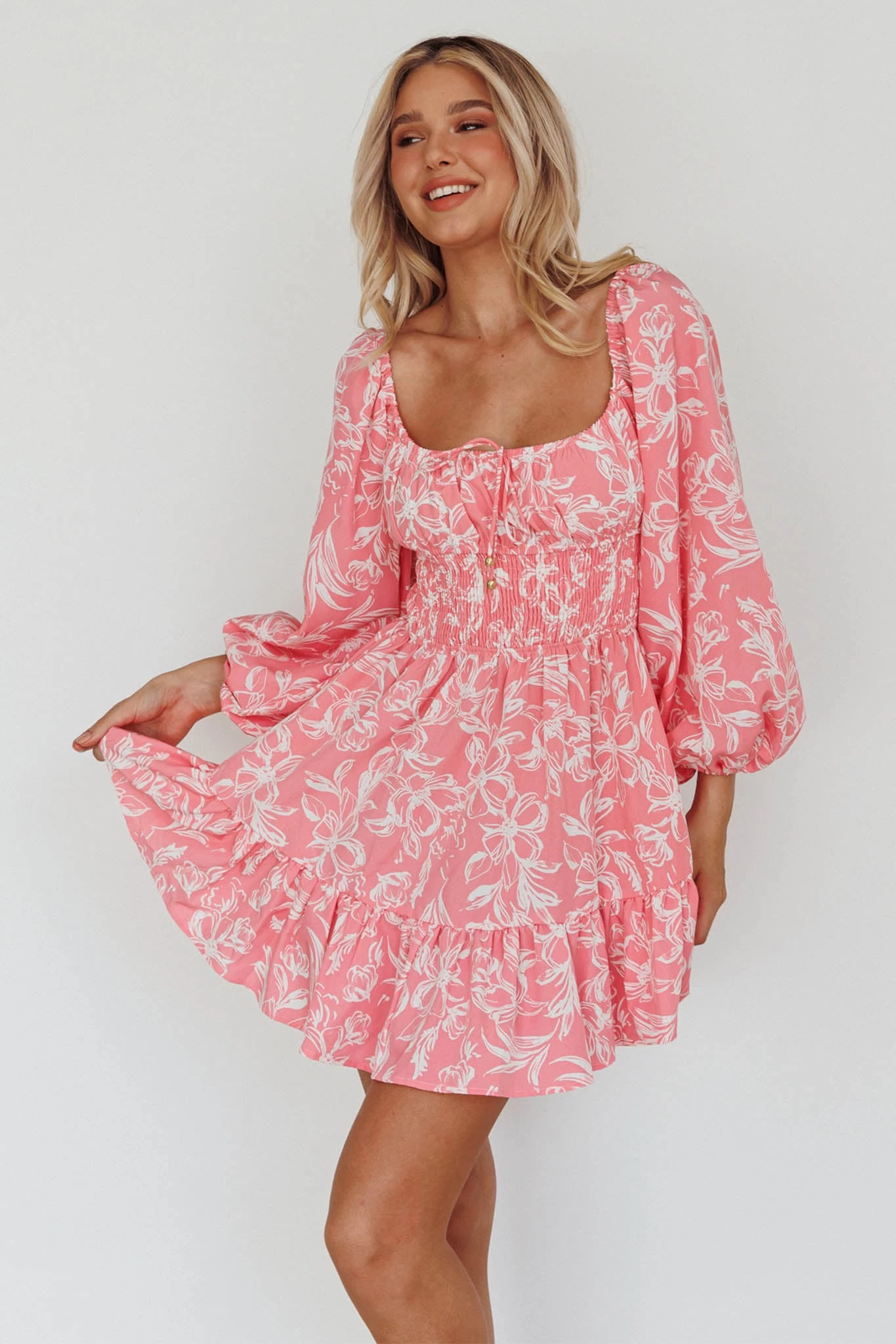 Amilie Shirred Long Sleeve Dress Floral Pink - Image 6