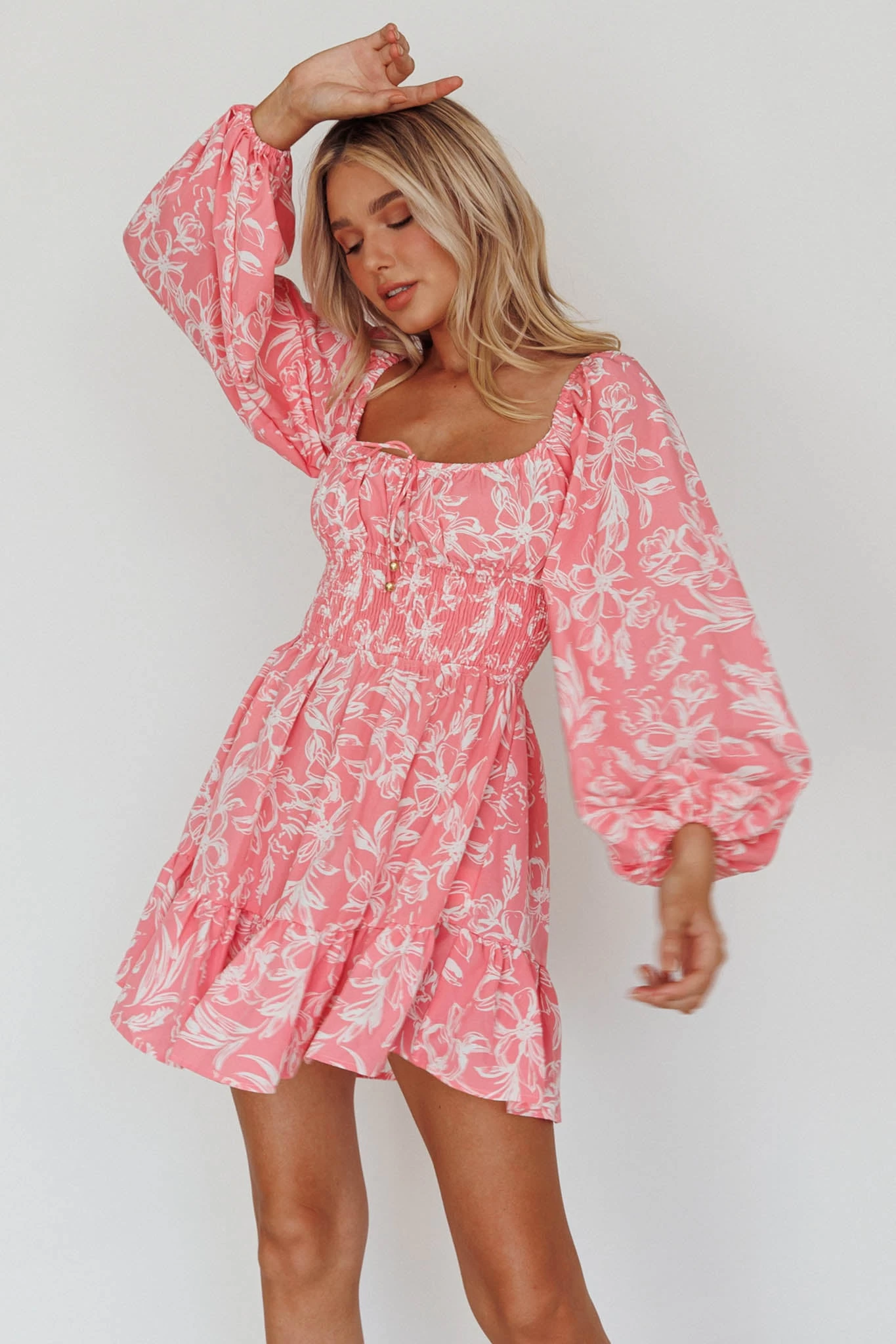 Amilie Shirred Long Sleeve Dress Floral Pink - Image 7