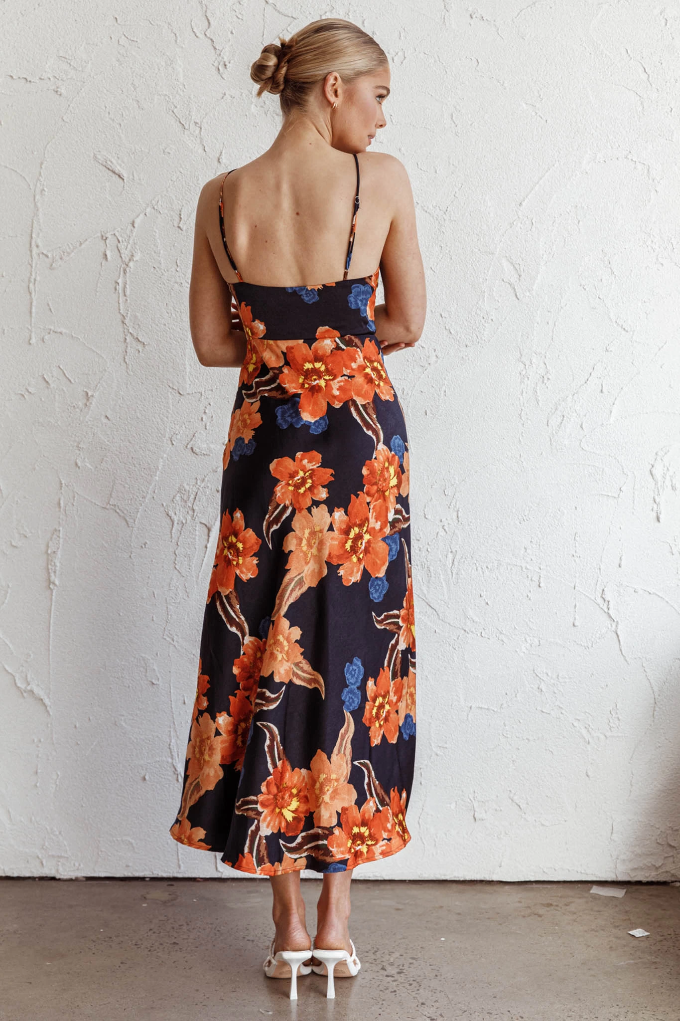 Missoula Cami Strap Padded Bust Midi Dress Flower Orange - Image 2