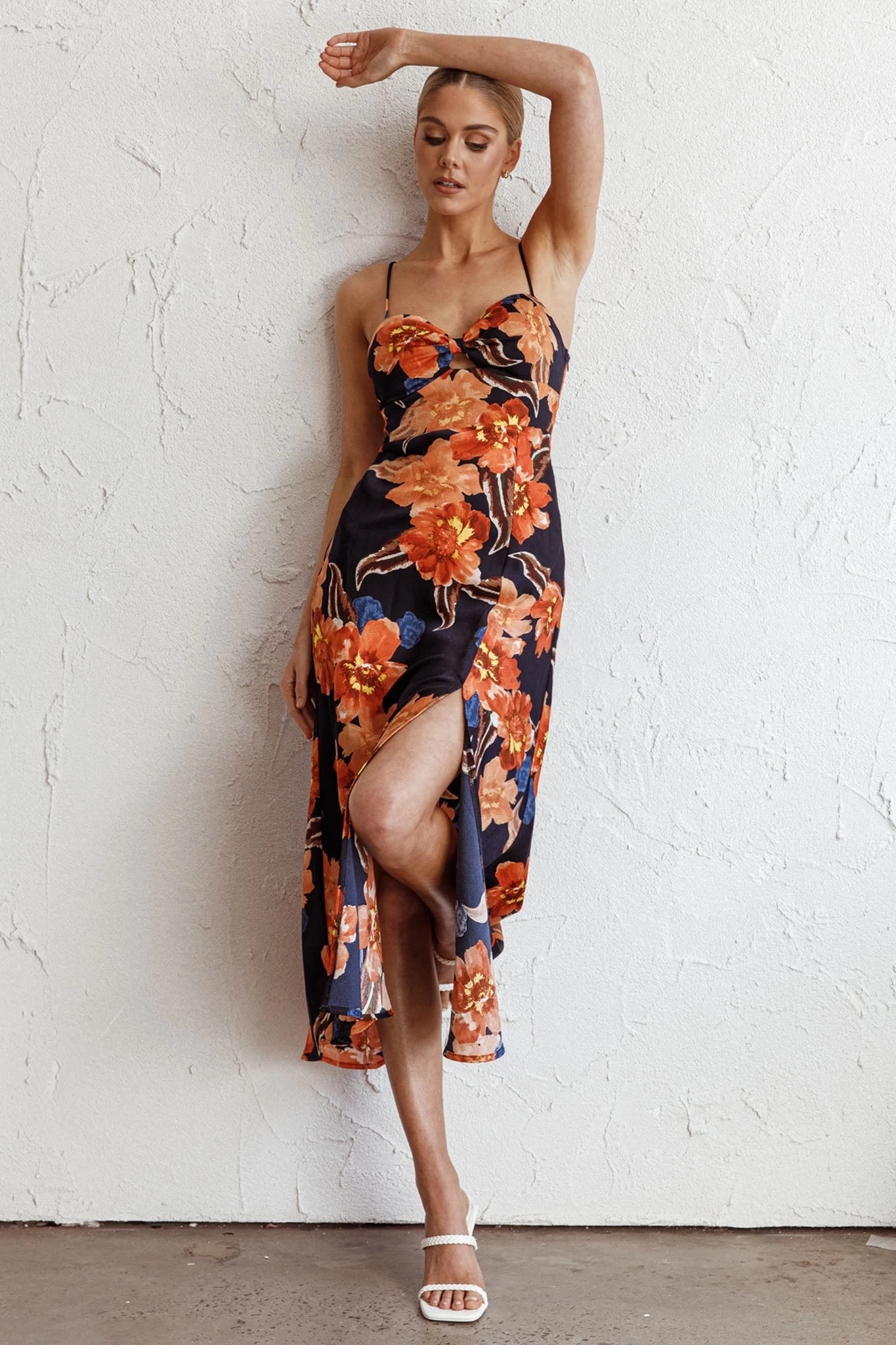 Missoula Cami Strap Padded Bust Midi Dress Flower Orange - Image 5