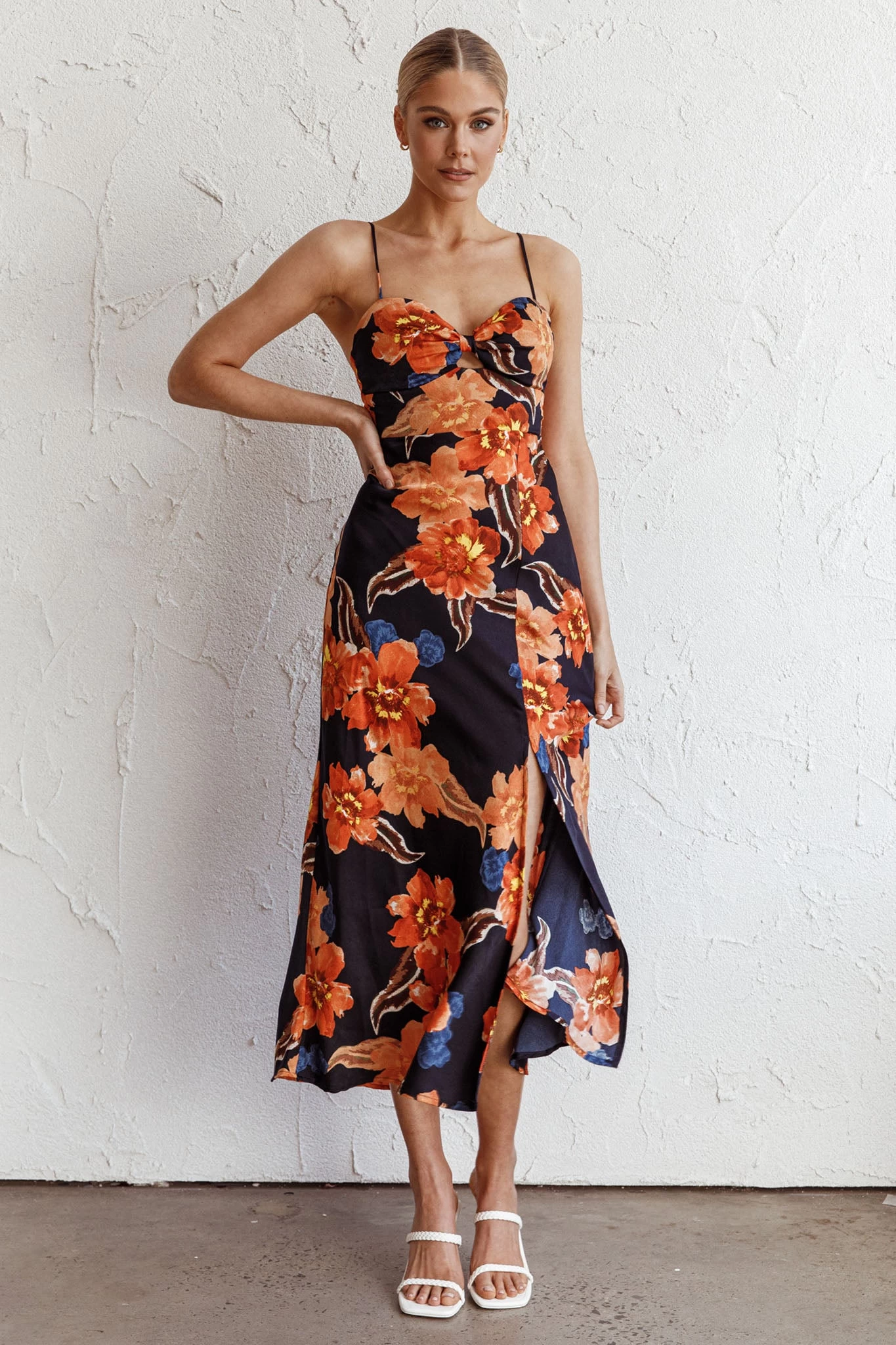 Missoula Cami Strap Padded Bust Midi Dress Flower Orange - Image 6