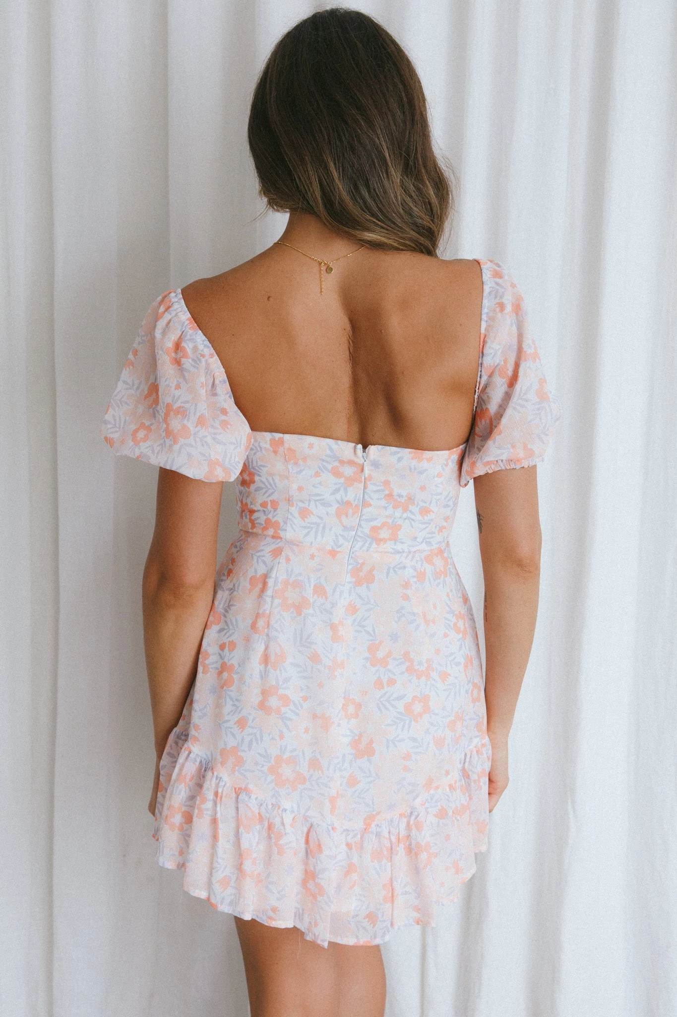 Cross My Heart V-Bust Frill Mini Dress Floral Orange - Image 2