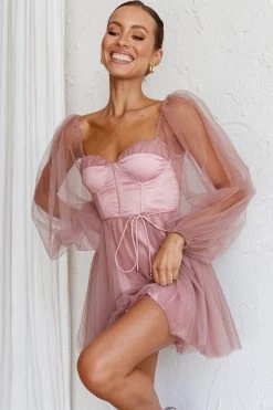 Fairytale Dream Sheer Sleeve Mini Dress Rose