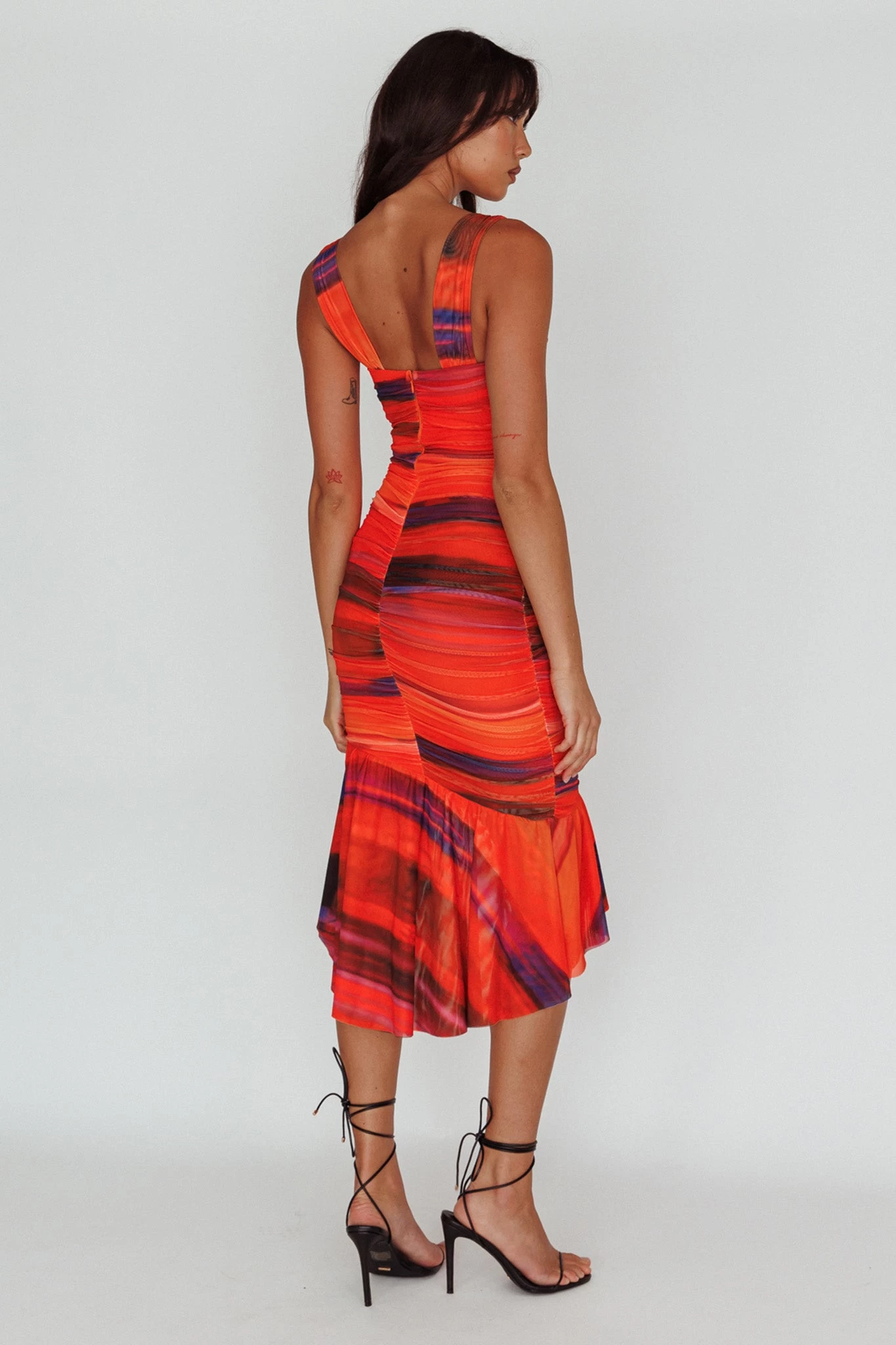 Nadia Ruched Fishtail Midi Dress Print Orange - Image 2