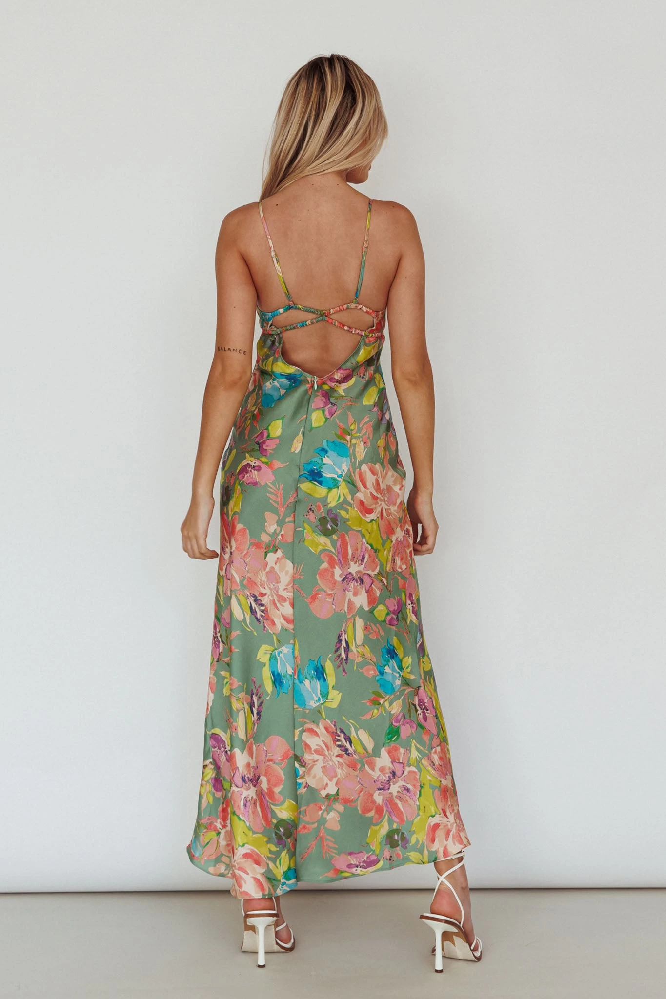 From Above V-Back Midi Dress Floral Green - Image 2