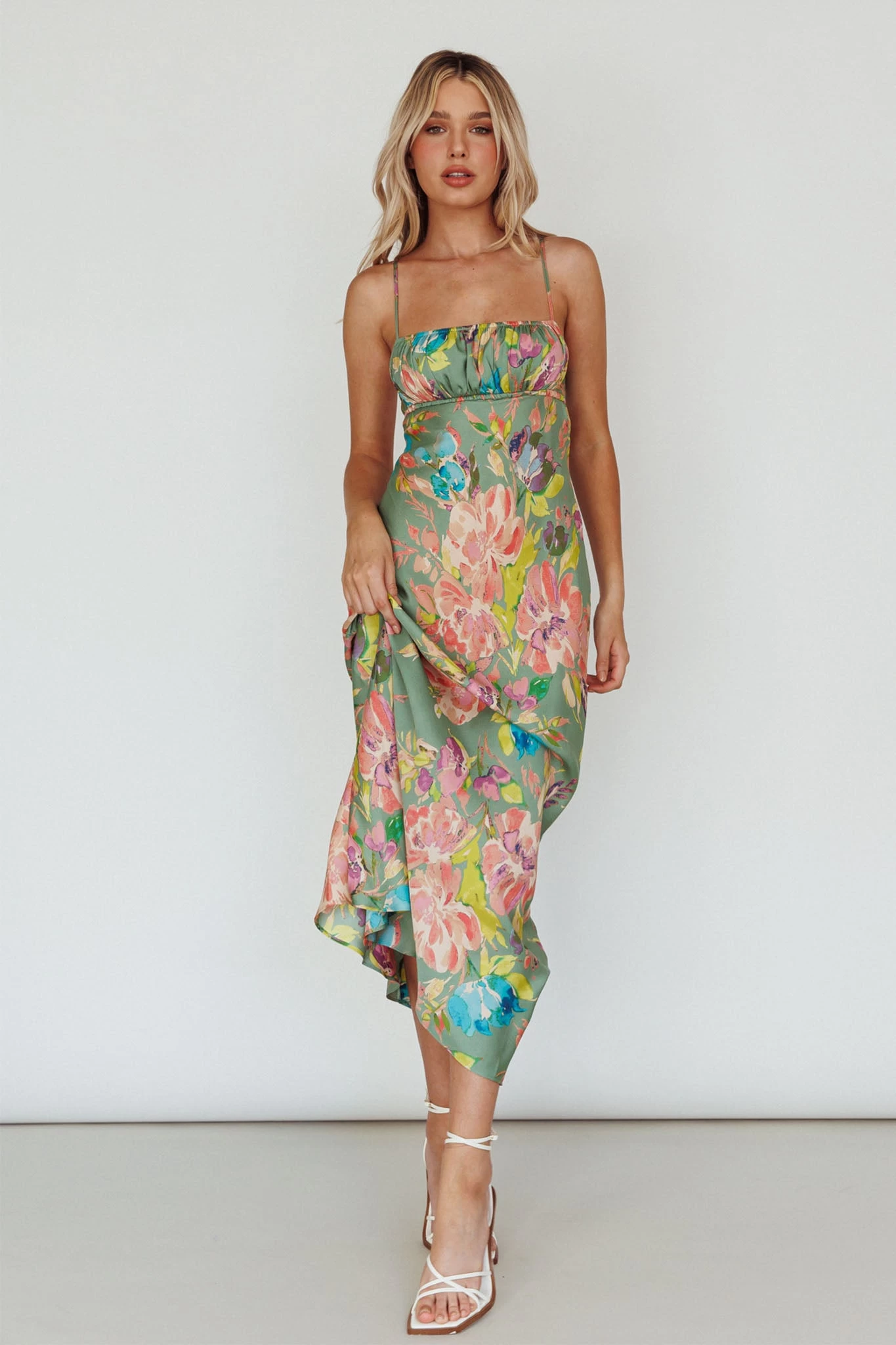 From Above V-Back Midi Dress Floral Green - Image 5