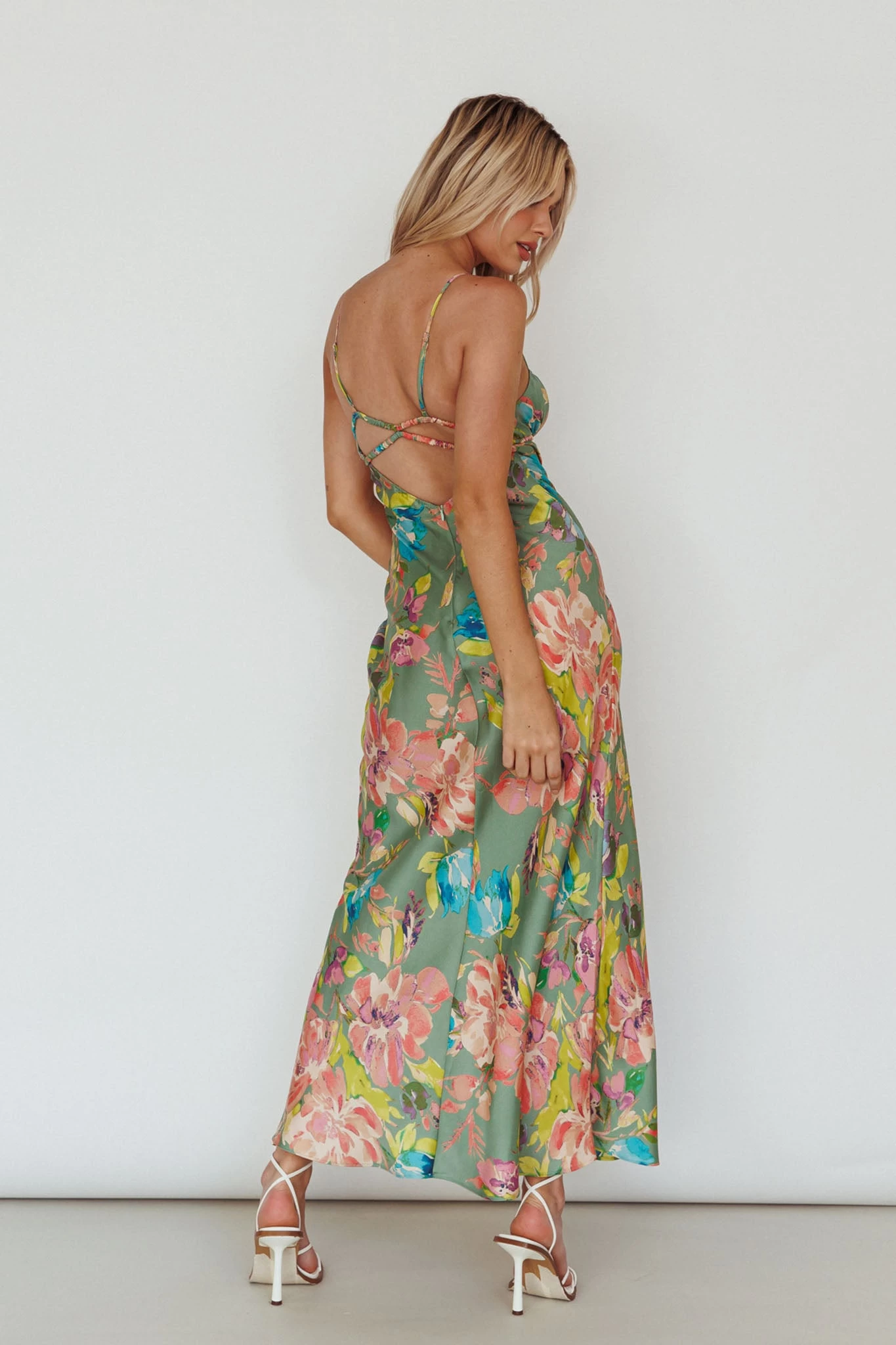 From Above V-Back Midi Dress Floral Green - Image 7
